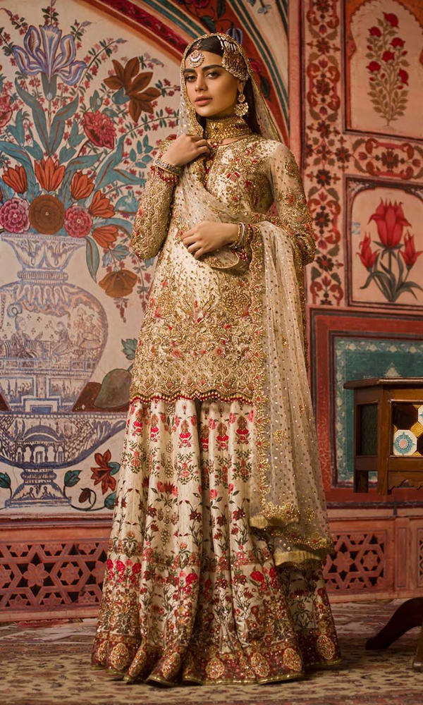 Ivory Gold Embellished Silk Bridal Gharara (3-Piece) - Image 4