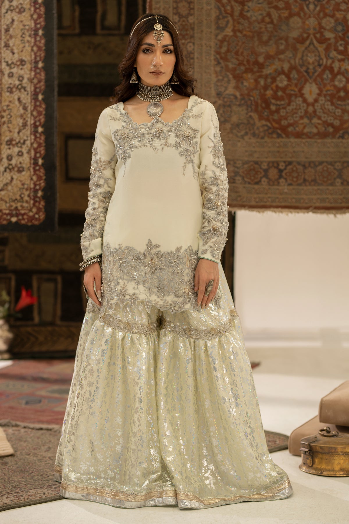 Ivory & Lime Green Embroidered Tassel Silk Gharara (3-Piece) - Image 1