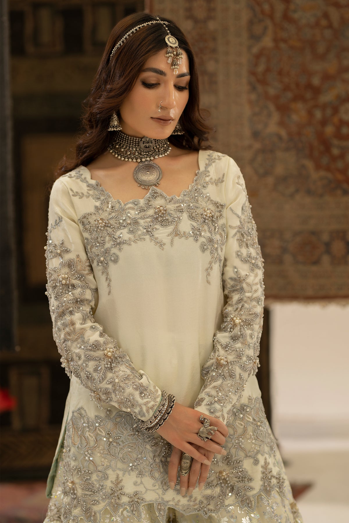 Ivory & Lime Green Embroidered Tassel Silk Gharara (3-Piece) - Image 2