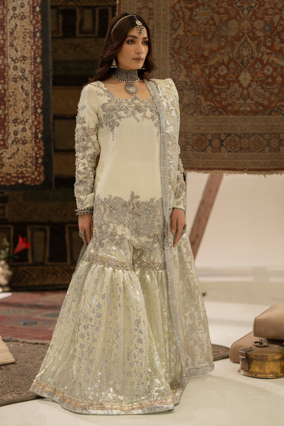 Ivory & Lime Green Embroidered Tassel Silk Gharara (3-Piece) - Image 3