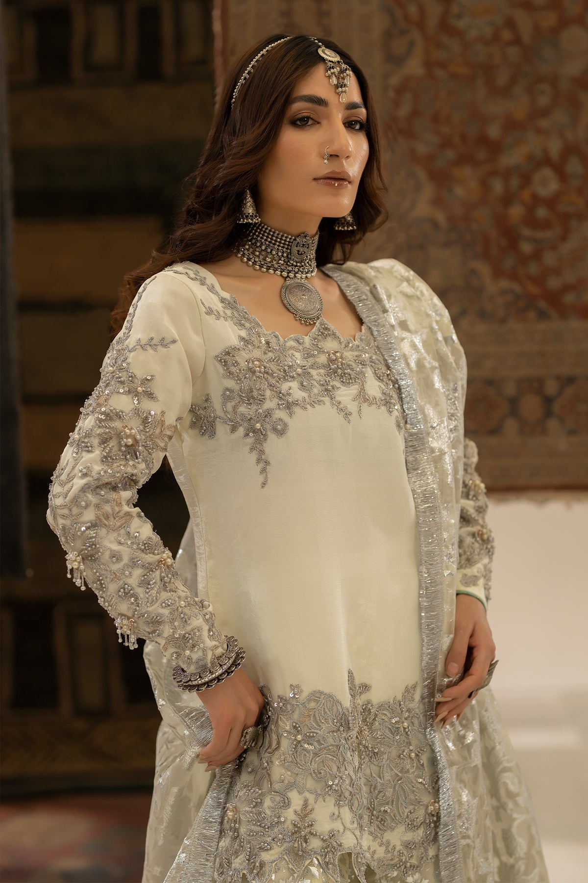 Ivory & Lime Green Embroidered Tassel Silk Gharara (3-Piece) - Image 4