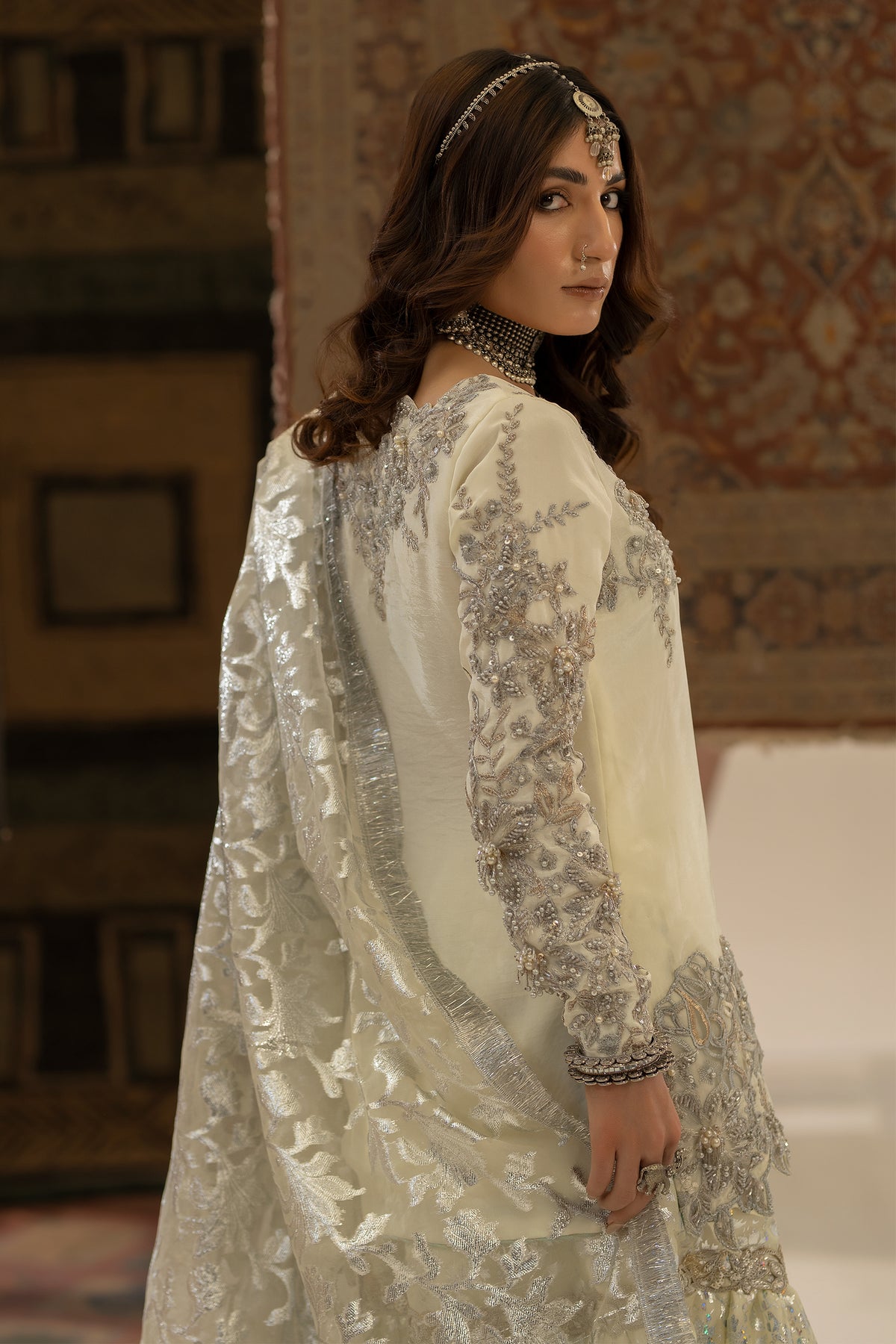 Ivory & Lime Green Embroidered Tassel Silk Gharara (3-Piece) - Image 5