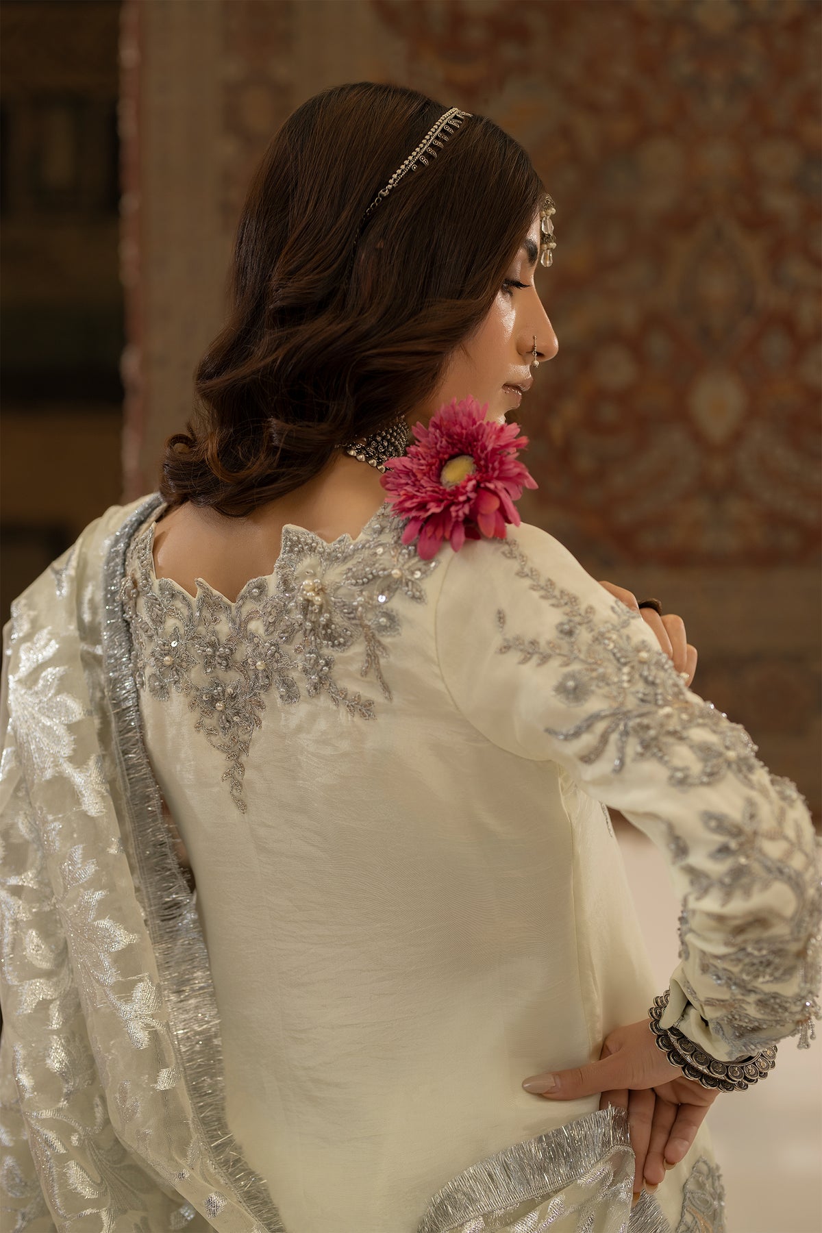 Ivory & Lime Green Embroidered Tassel Silk Gharara (3-Piece) - Image 6