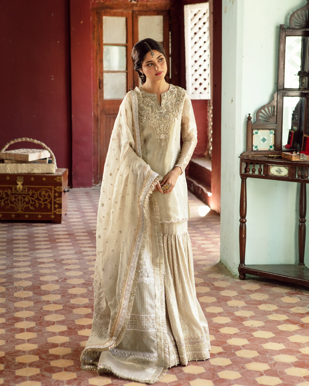 Ivory Hand-Embellished Tissue Kameez Gharara (3-Piece) - Image 1