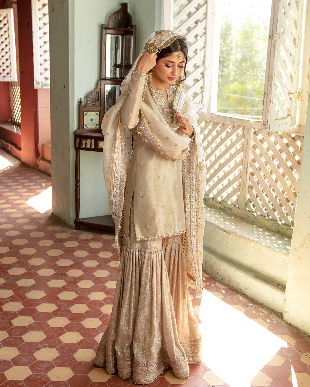 Ivory Hand-Embellished Tissue Kameez with Shimmer Gharara (3-Piece) - Image 2