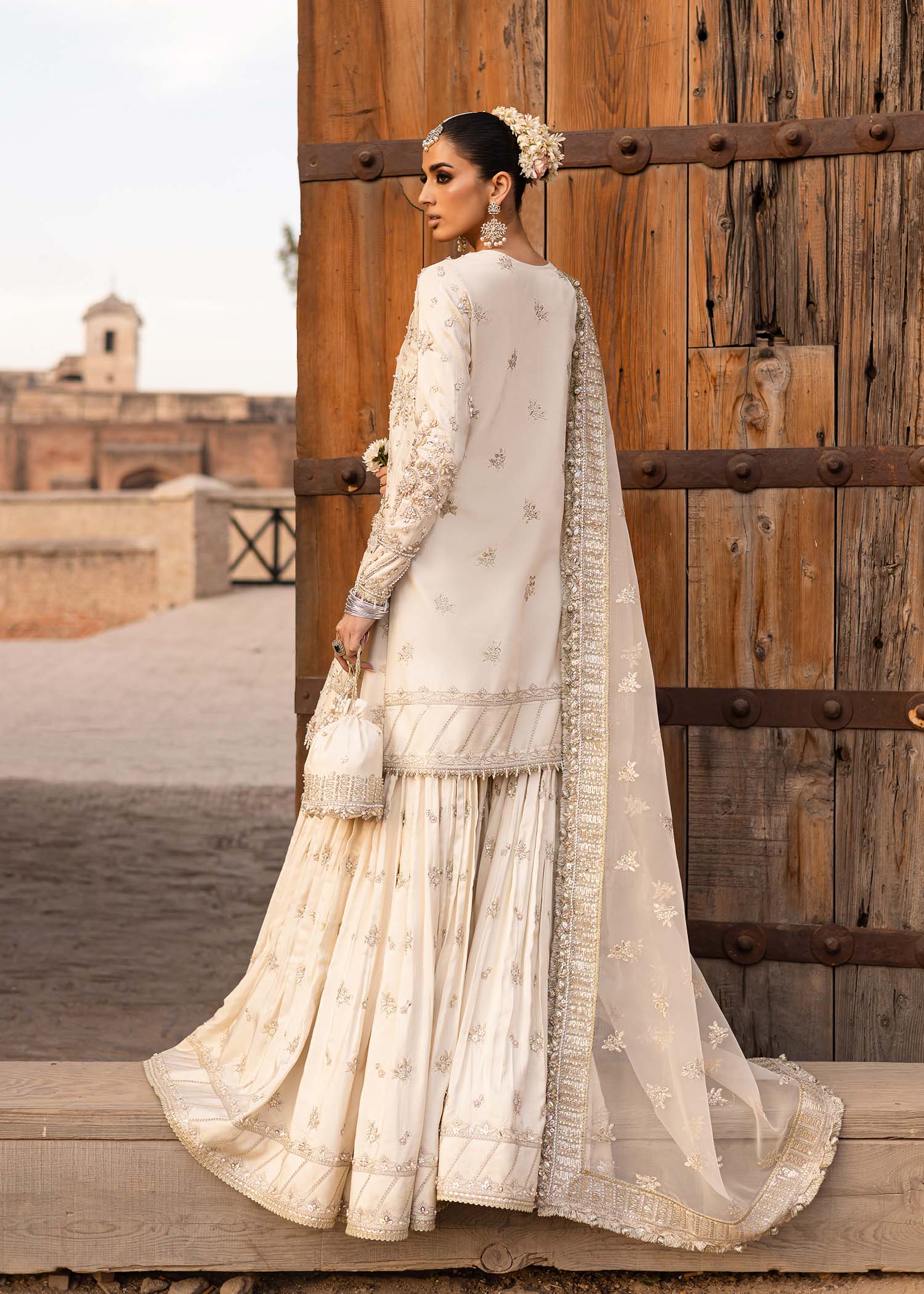 Ivory Hand-Embellished Tussel Silk Gharara (3-Piece) - Image 5