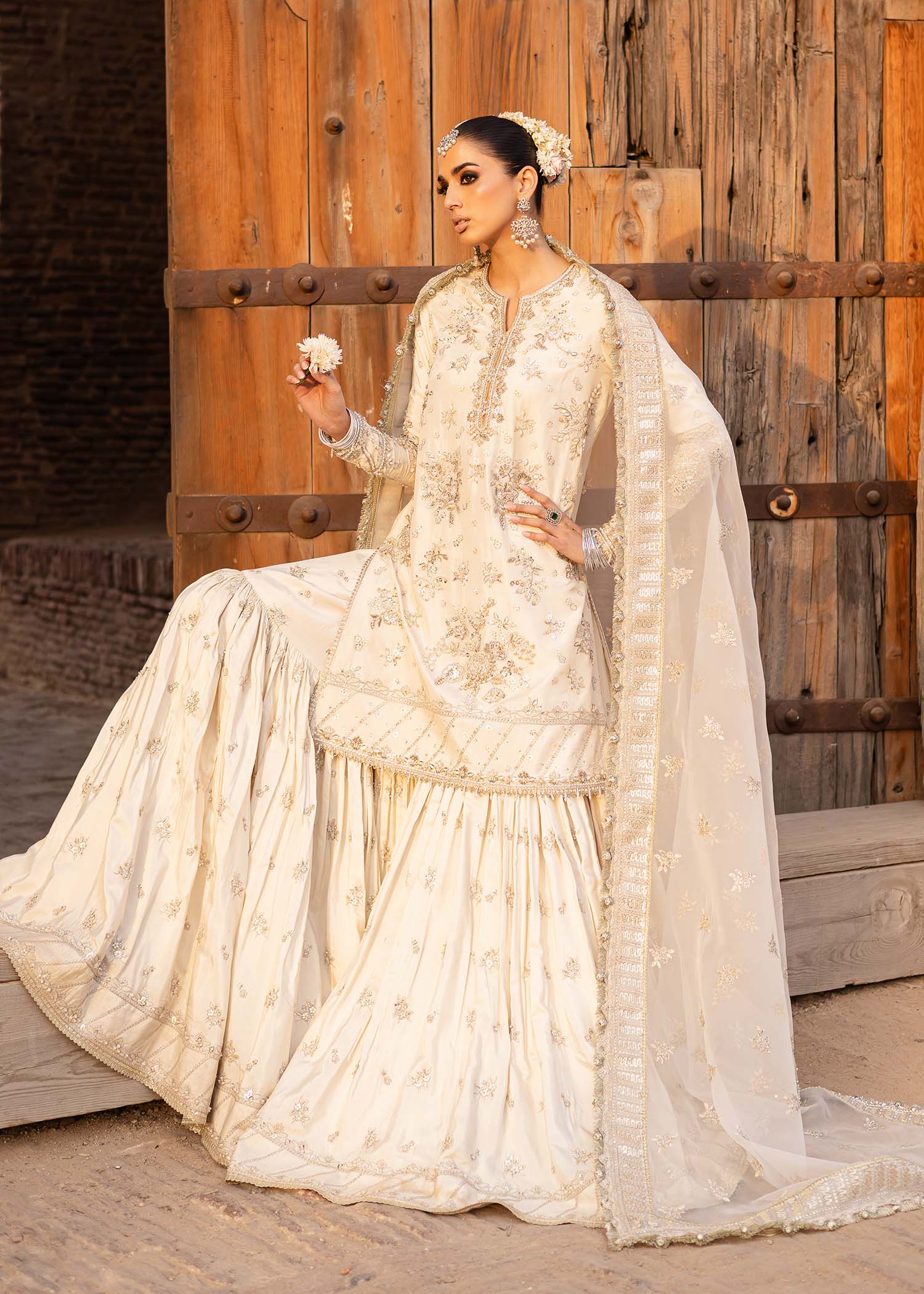 Ivory Hand-Embellished Tussel Silk Gharara (3-Piece) - Image 6