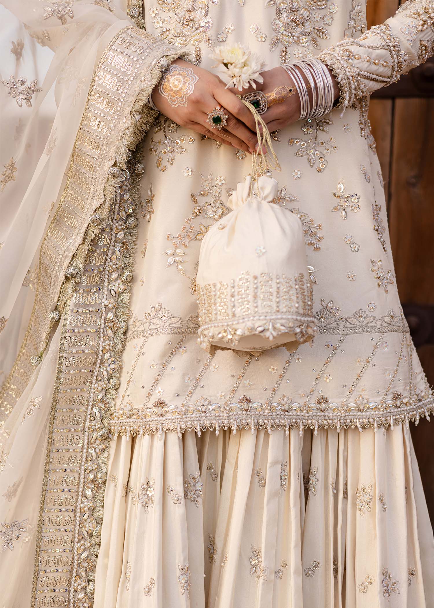 Ivory Hand-Embellished Tussel Silk Gharara (3-Piece) - Image 8