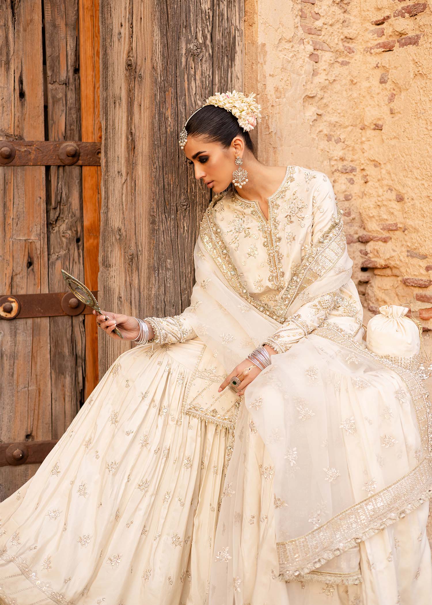 Ivory Hand-Embellished Tussel Silk Gharara (3-Piece) - Image 9