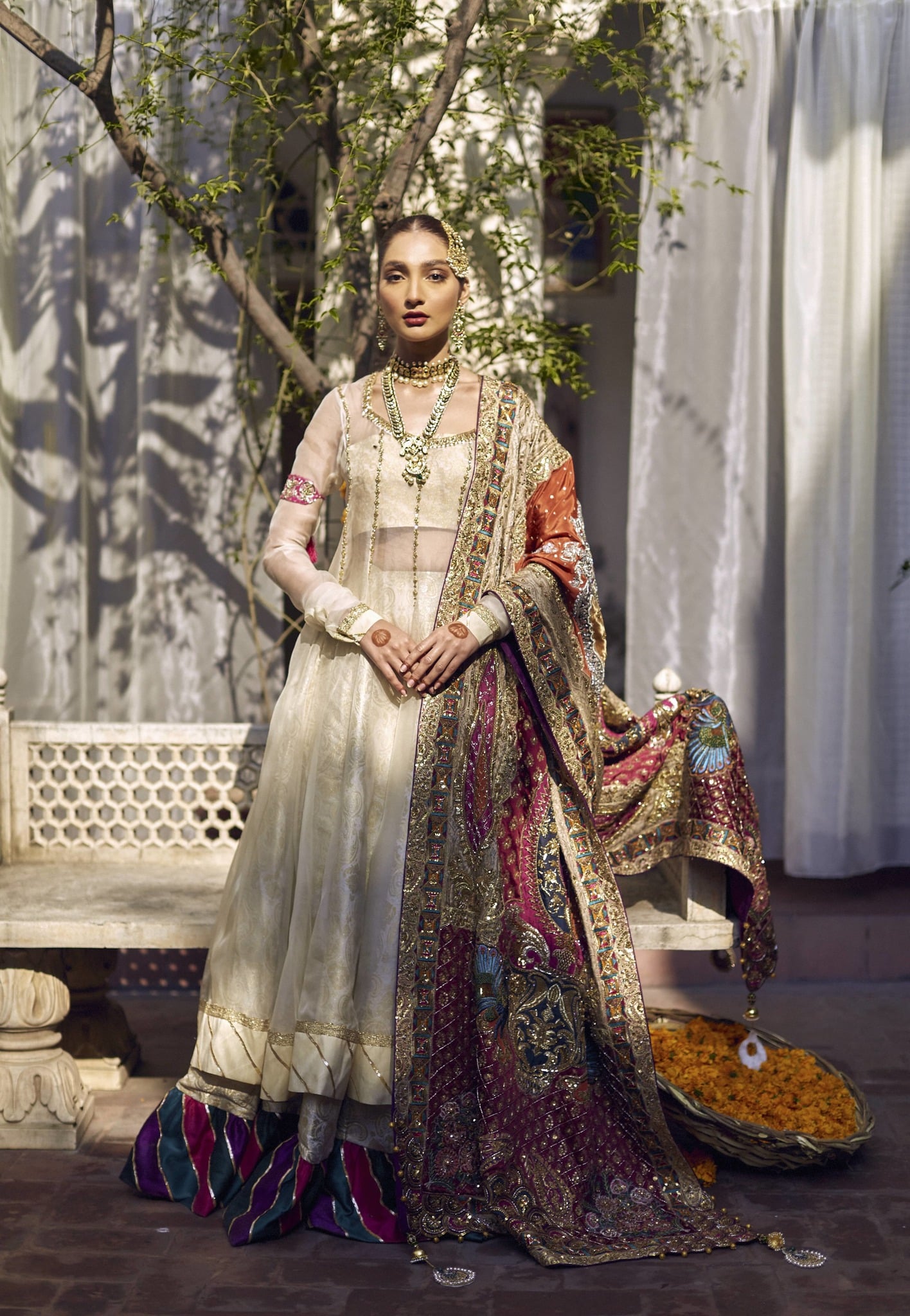 Ivory Hand-Embroidered Silk Blend Kalidar Gharara (3-Piece) - Image 1