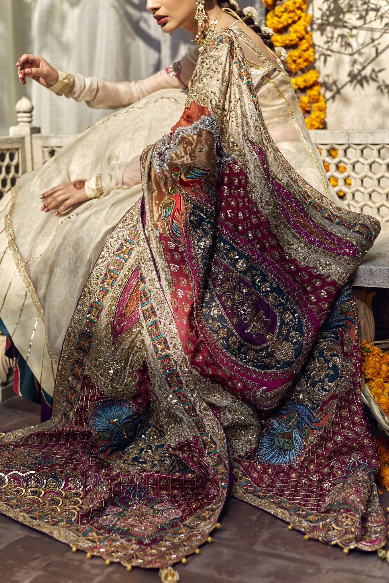 Ivory Hand-Embroidered Silk Blend Kalidar Gharara (3-Piece) - Image 2