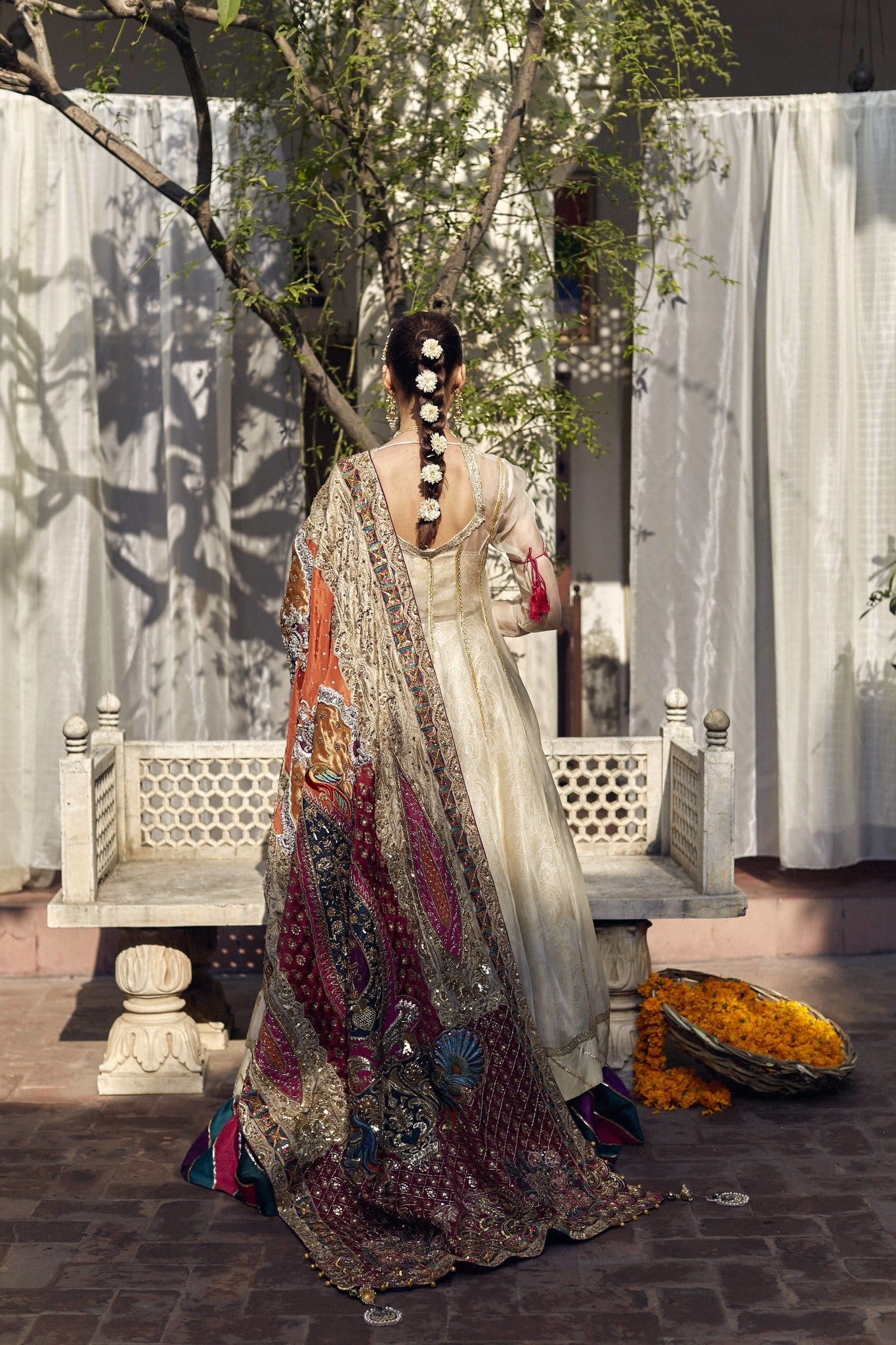 Ivory Hand-Embroidered Silk Blend Kalidar Gharara (3-Piece) - Image 3