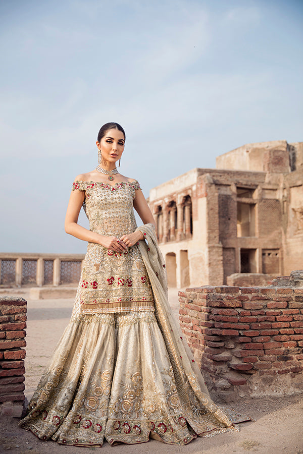Pakistani Ivory Zari Net Gharara Set (3-Piece) - Image 2