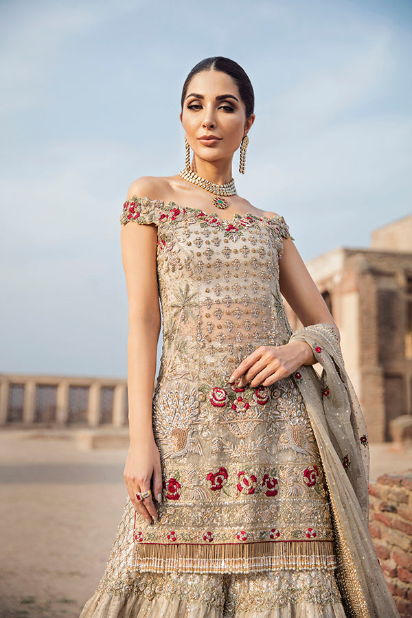 Pakistani Ivory Zari Net Gharara Set (3-Piece) - Image 4