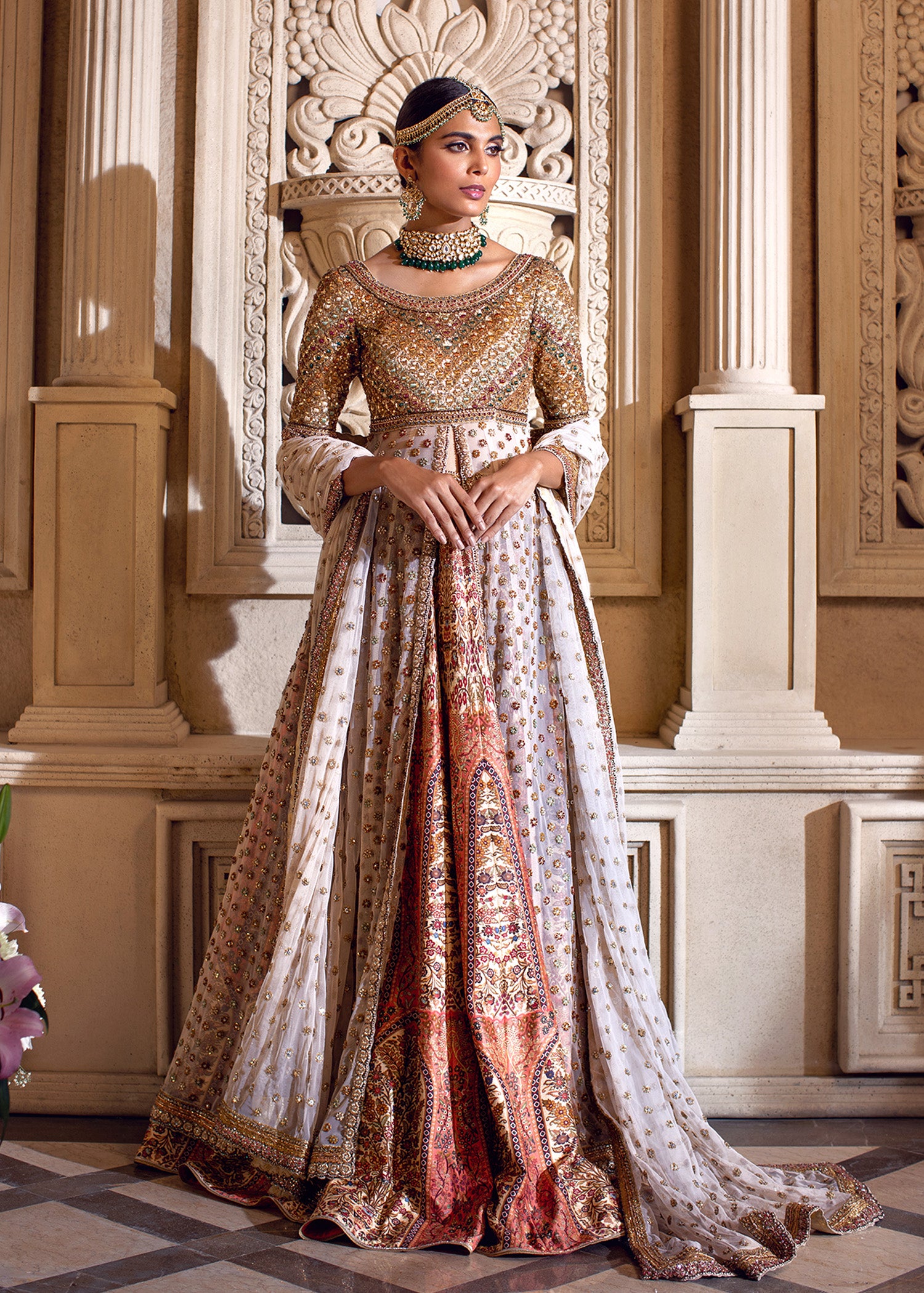 Ivory Gold Embellished Brocade Bridal Gown (2-Piece) - Image 1