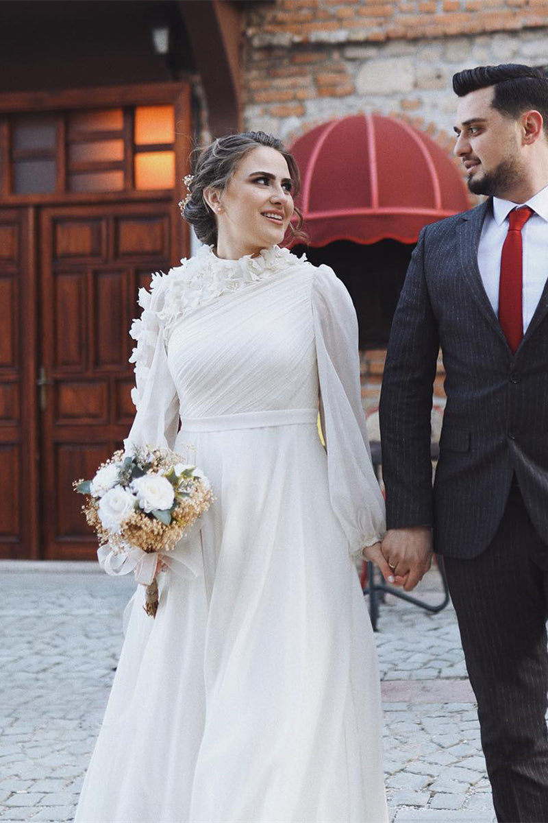 Pakistani Ivory 3D Floral Chiffon Wedding Gown (1-Pc) - Image 1