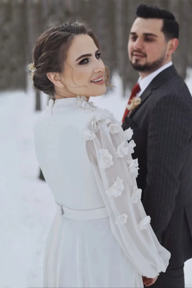 Pakistani Ivory 3D Floral Chiffon Wedding Gown (1-Pc) - Image 3