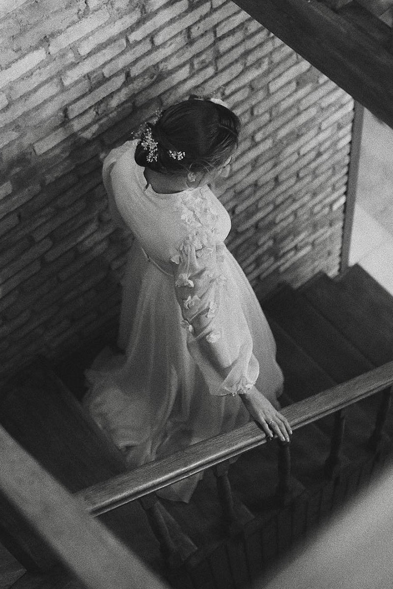 Pakistani Ivory 3D Floral Chiffon Wedding Gown (1-Pc) - Image 4