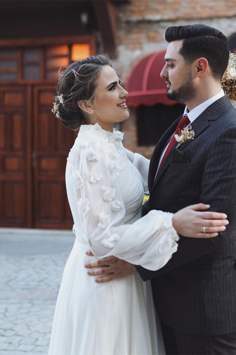 Pakistani Ivory 3D Floral Chiffon Wedding Gown (1-Pc) - Image 5