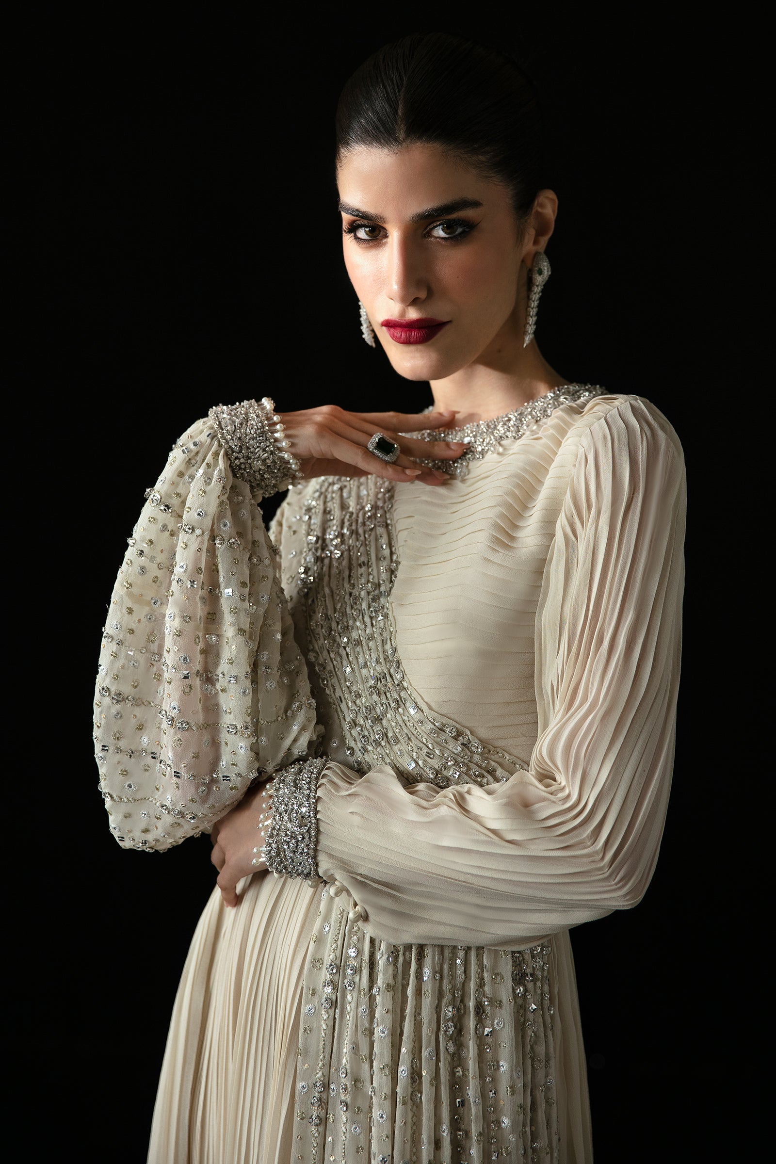 Ivory Crystal-Embellished Chiffon & Raw Silk Gown (2-Piece) - Image 3