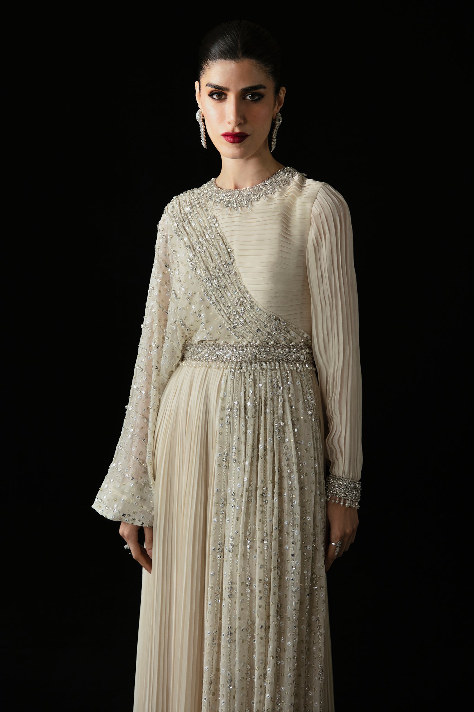Ivory Crystal-Embellished Chiffon & Raw Silk Gown (2-Piece) - Image 4