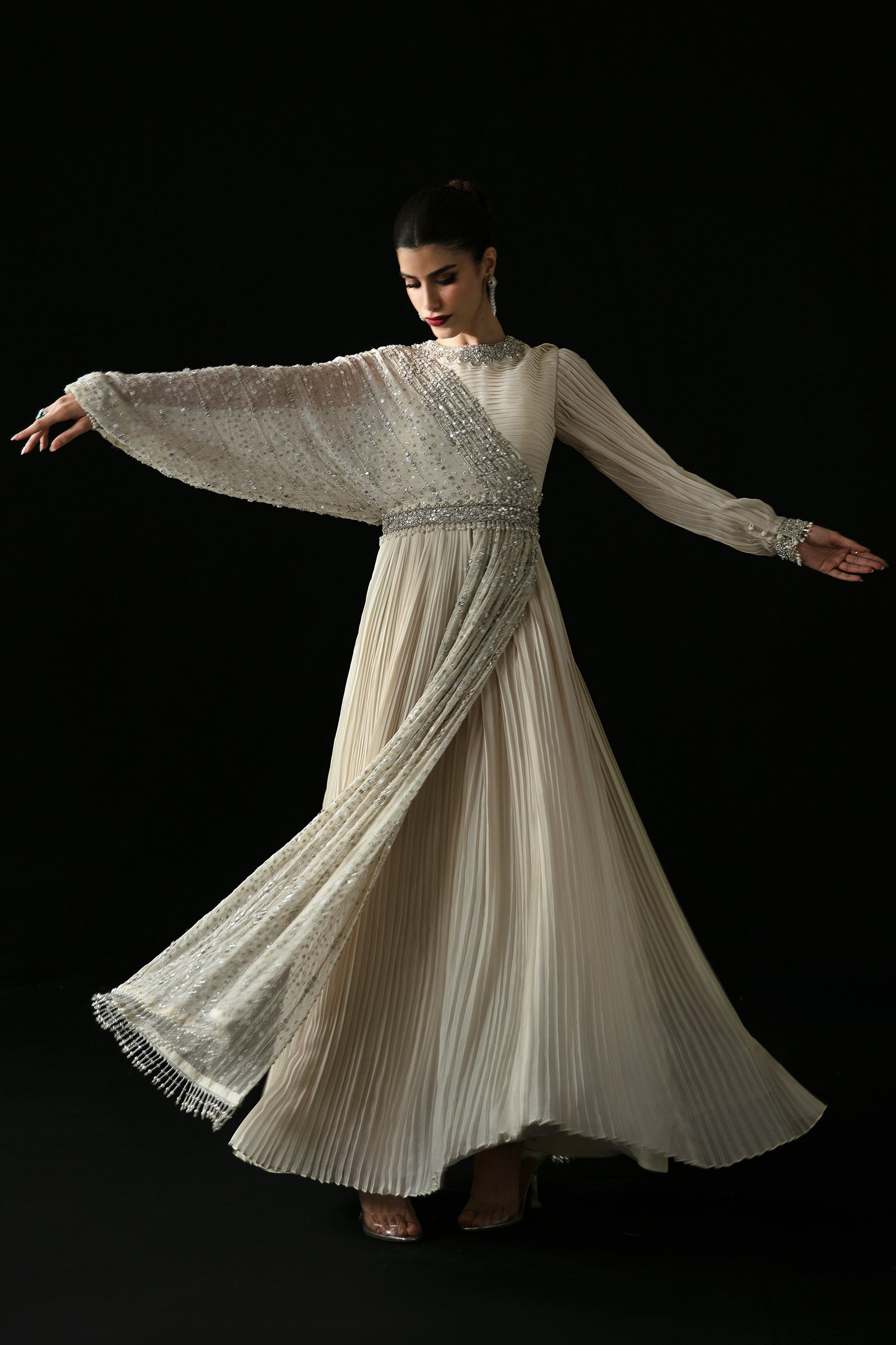 Ivory Crystal-Embellished Chiffon & Raw Silk Gown (2-Piece) - Image 6