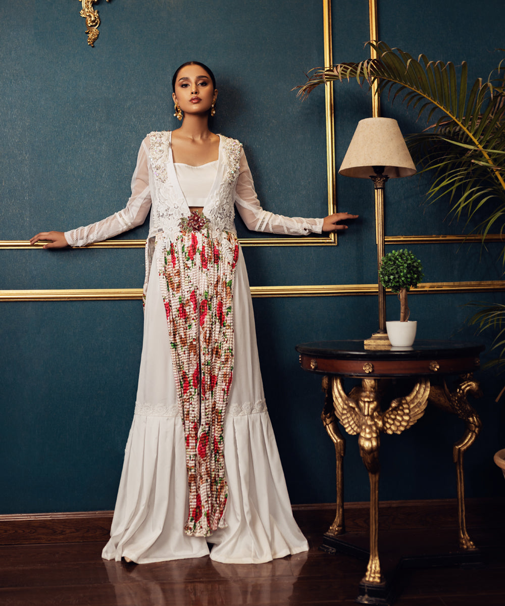 Ivory Floral Embellished Chiffon-Georgette Jacket Gown (1-Pc) - Image 1