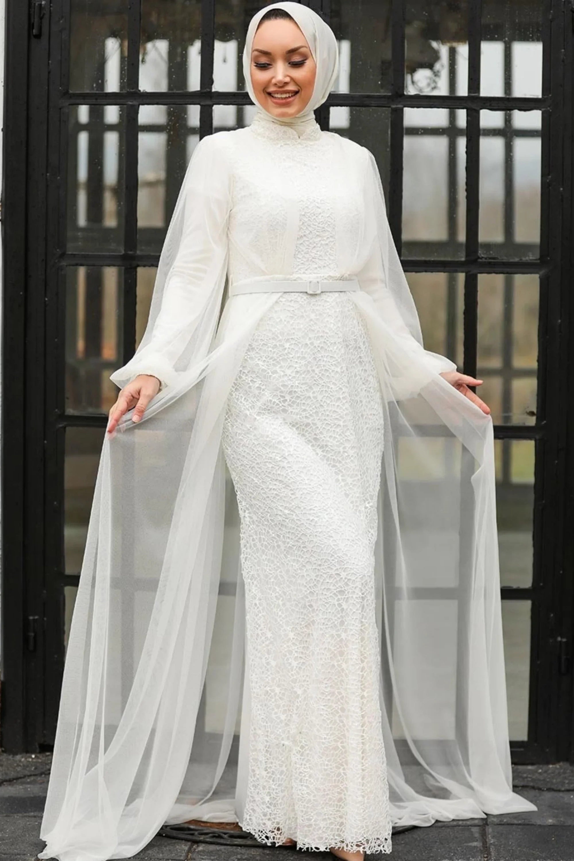 Ivory Embellished Chiffon & Lace Bridal Gown (1-Pc) - Image 1