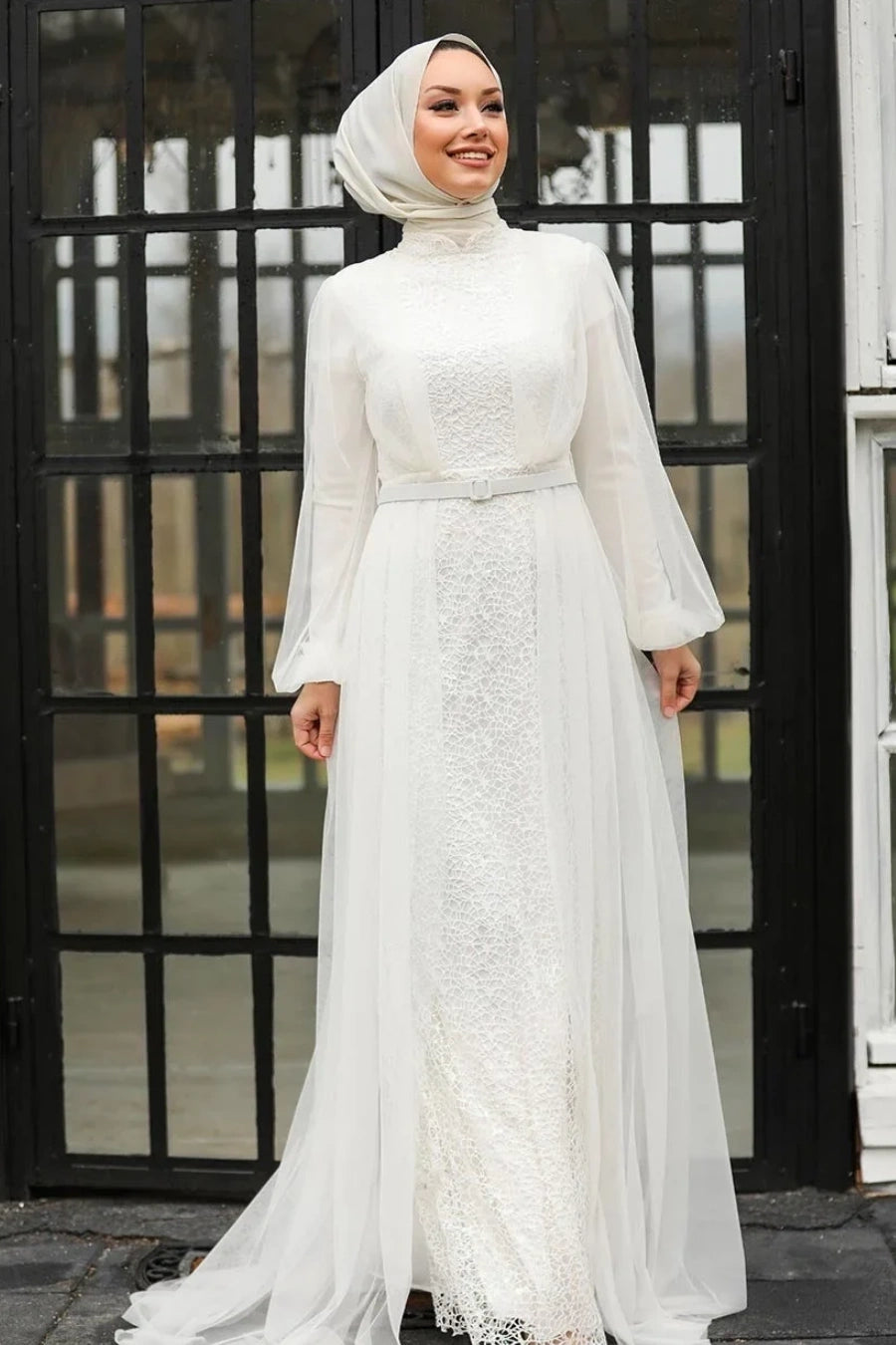 Ivory Embellished Chiffon & Lace Bridal Gown (1-Pc) - Image 2