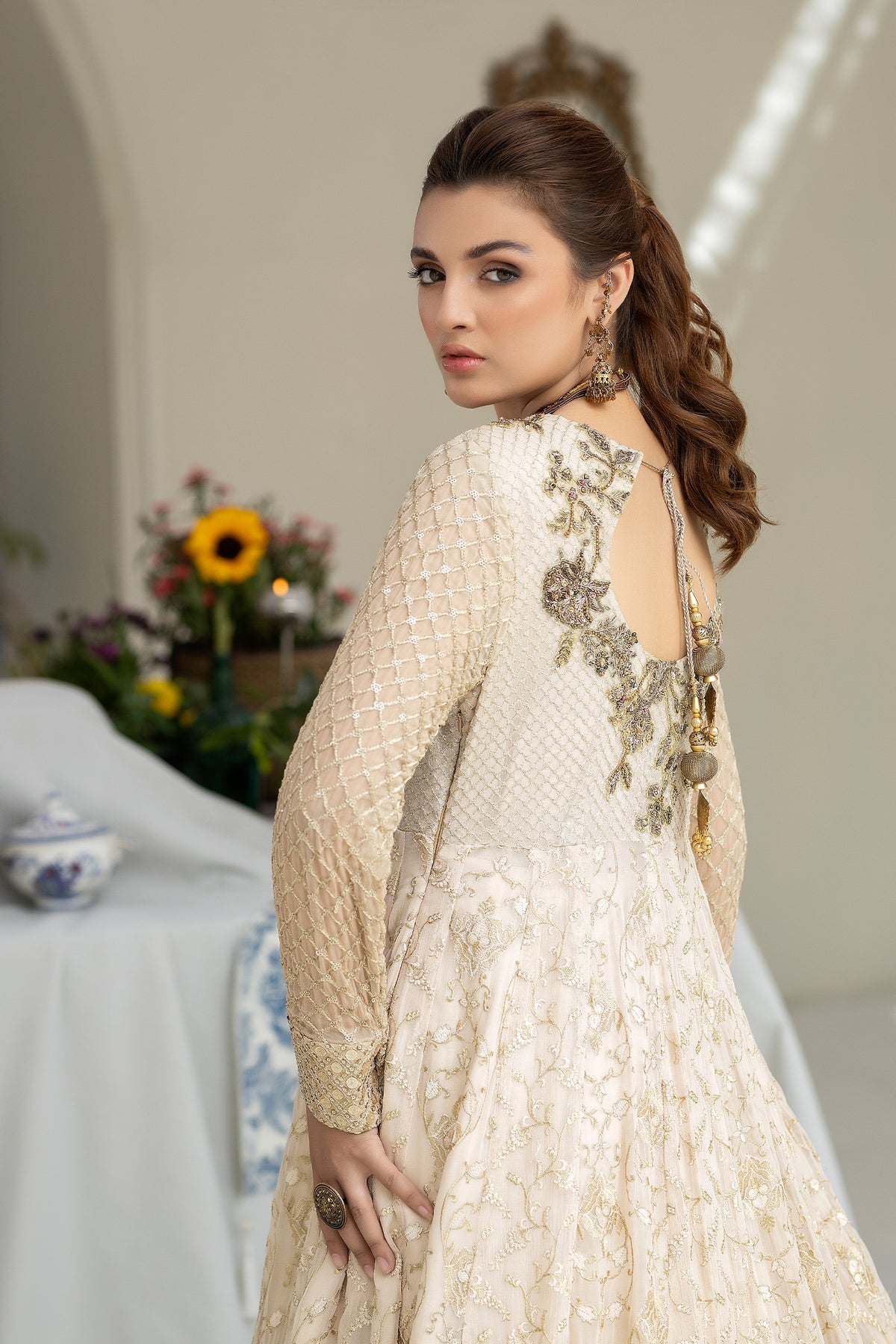 Ivory Hand-Embroidered Chiffon Bridal Gown (2-Piece) - Image 3