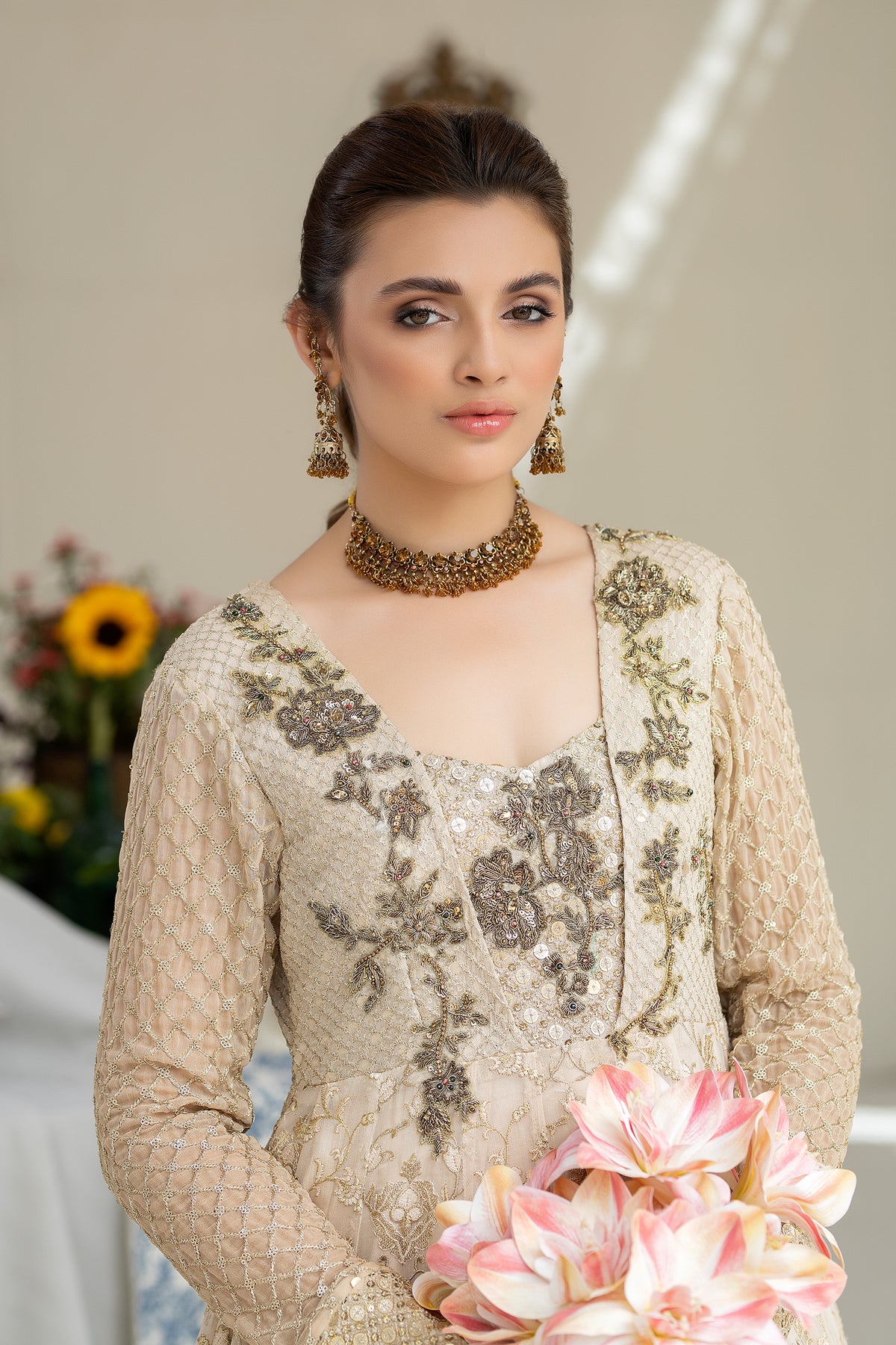 Ivory Hand-Embroidered Chiffon Bridal Gown (2-Piece) - Image 4