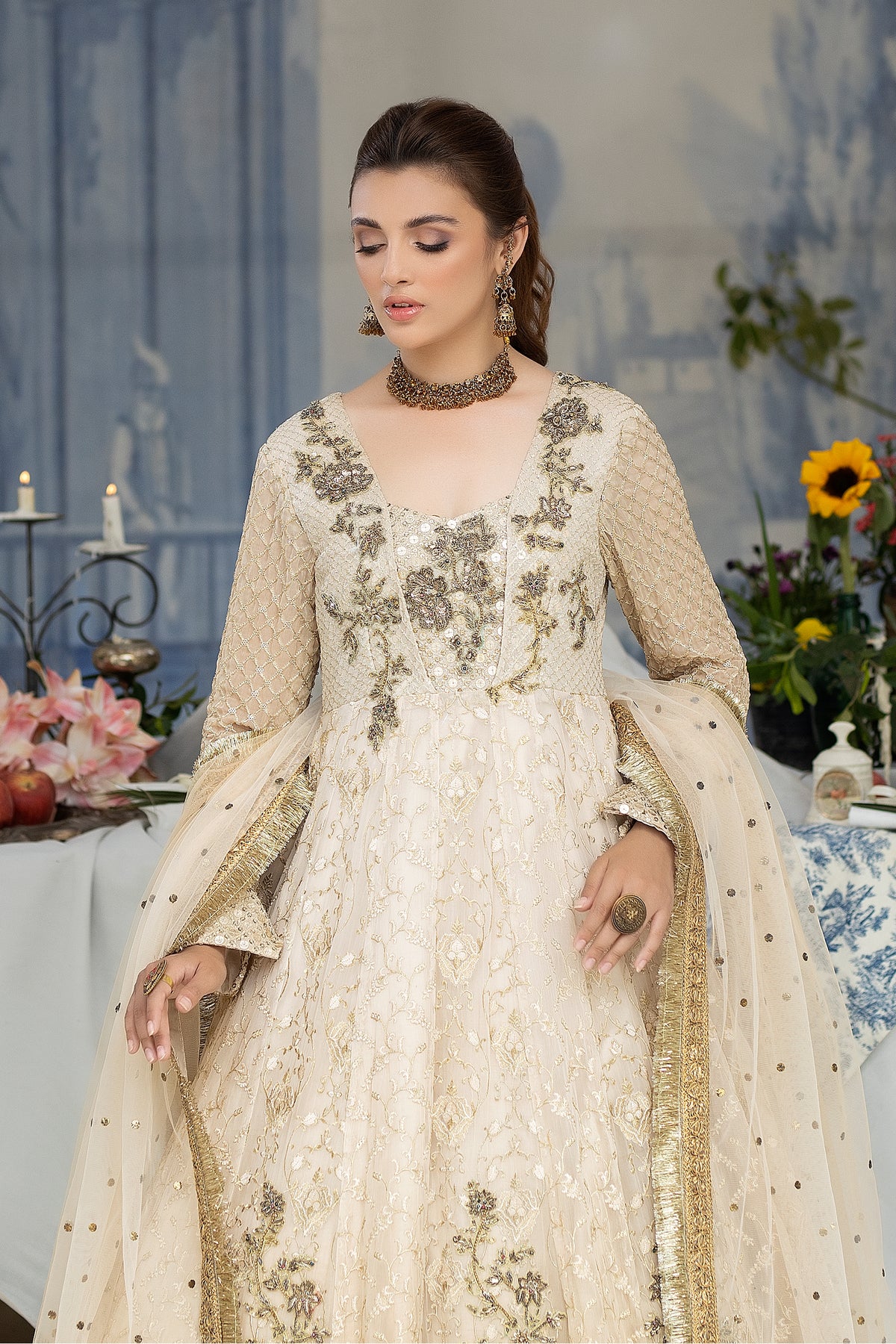 Ivory Hand-Embroidered Chiffon Bridal Gown (2-Piece) - Image 5