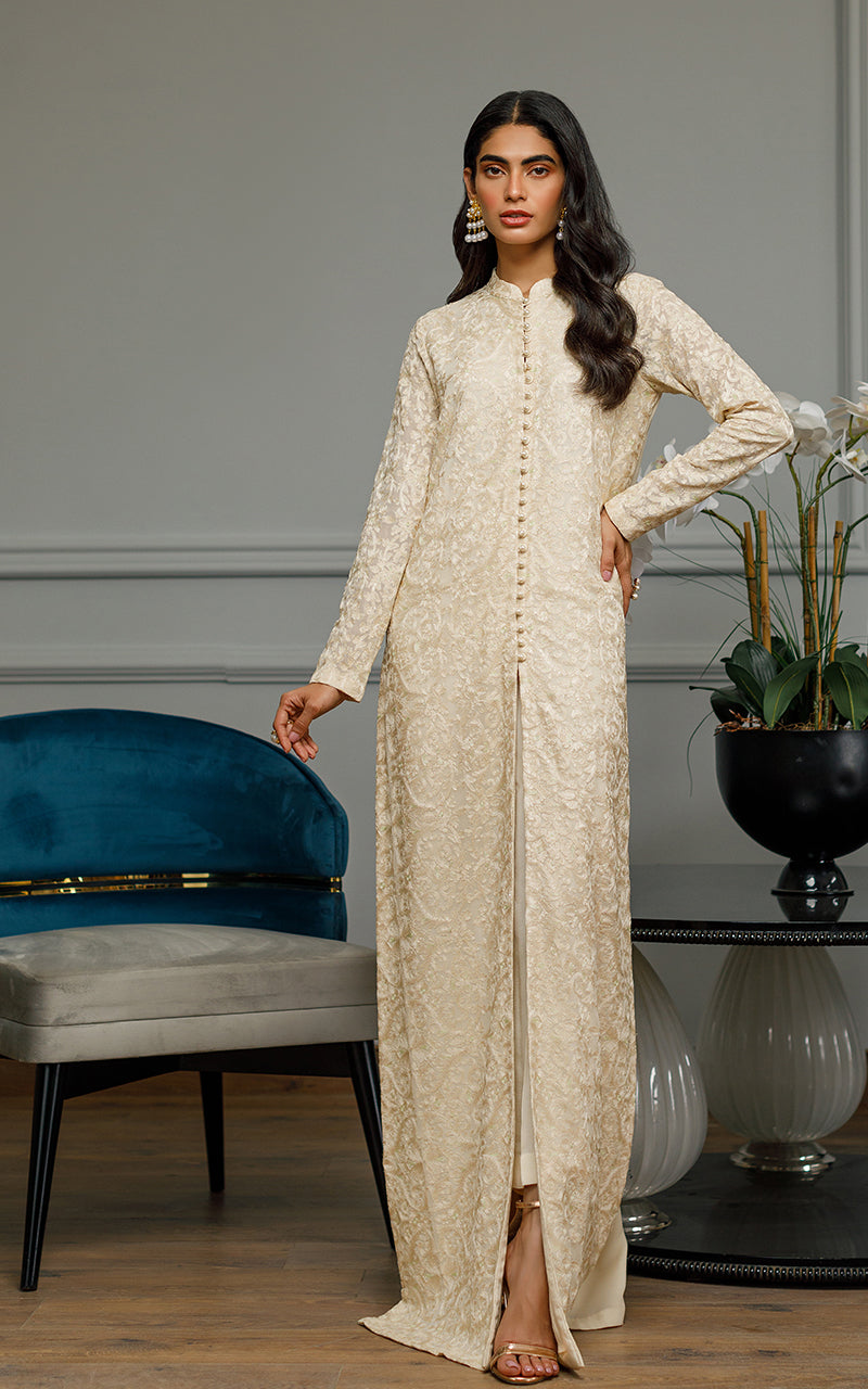 Pakistani Off-White Embroidered Chiffon Front-Open Gown (2-Piece) - Image 1