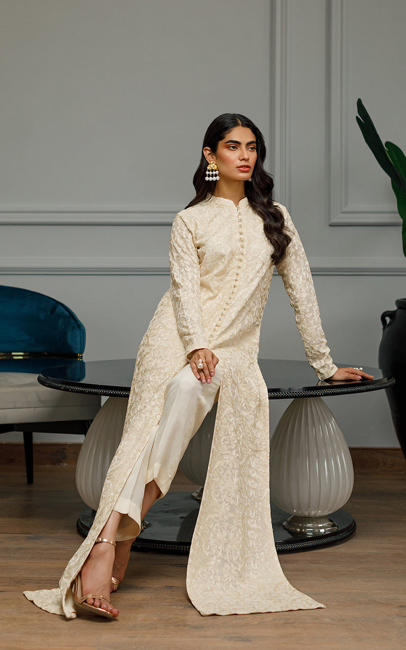Pakistani Off-White Embroidered Chiffon Front-Open Gown (2-Piece) - Image 2