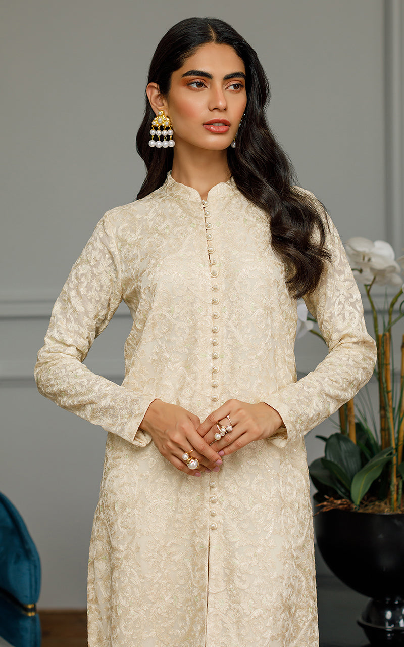 Pakistani Off-White Embroidered Chiffon Front-Open Gown (2-Piece) - Image 3