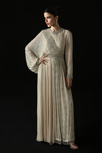 Pakistani Ivory Embellished Chiffon Raw Silk Gown (1-Pc) - Image 1