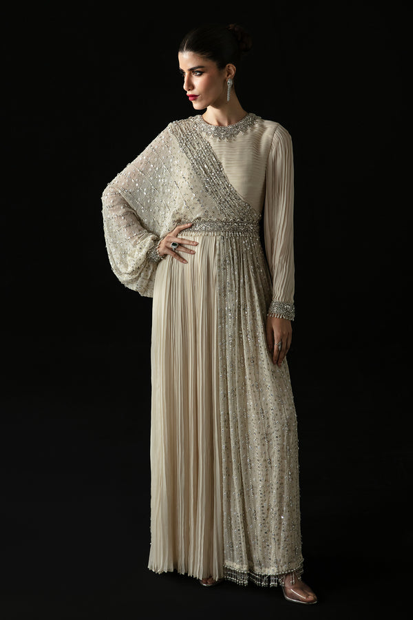 Pakistani Ivory Embellished Chiffon Raw Silk Gown (1-Pc) - Image 2