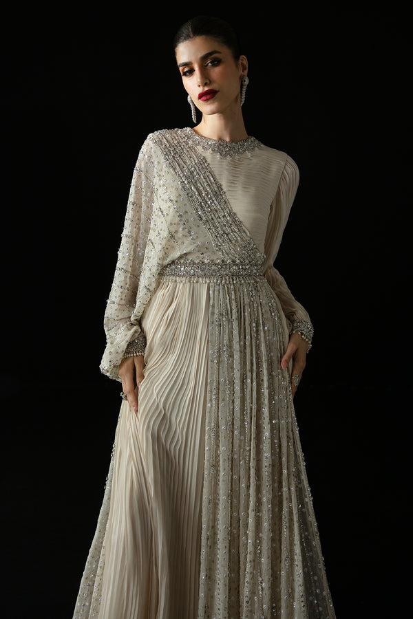 Pakistani Ivory Embellished Chiffon Raw Silk Gown (1-Pc) - Image 5