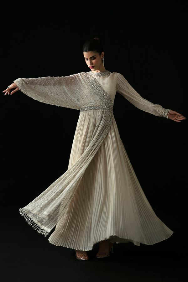 Pakistani Ivory Embellished Chiffon Raw Silk Gown (1-Pc) - Image 6