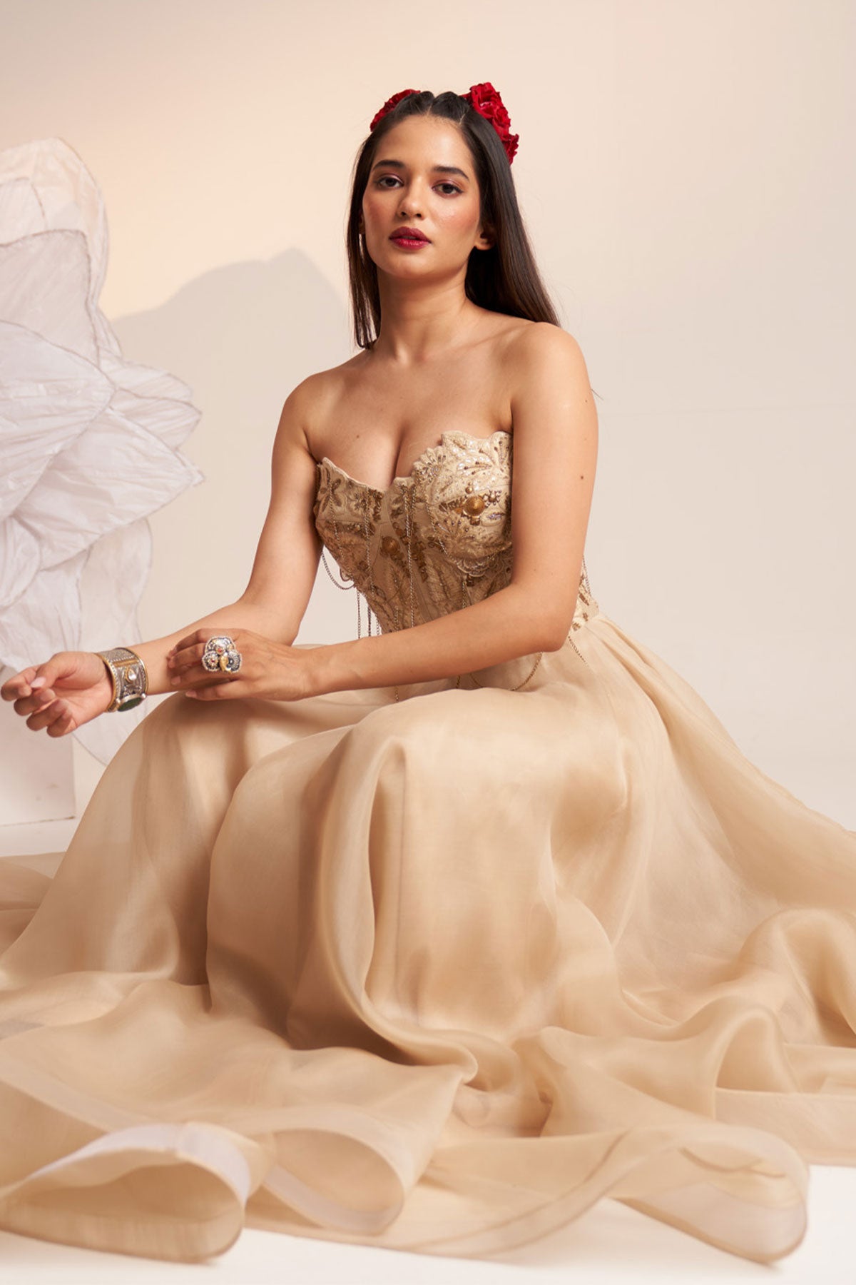 Indian Ivory Embroidered Dupion Silk Corset Maxi Dress (1-Pc) - Image 3