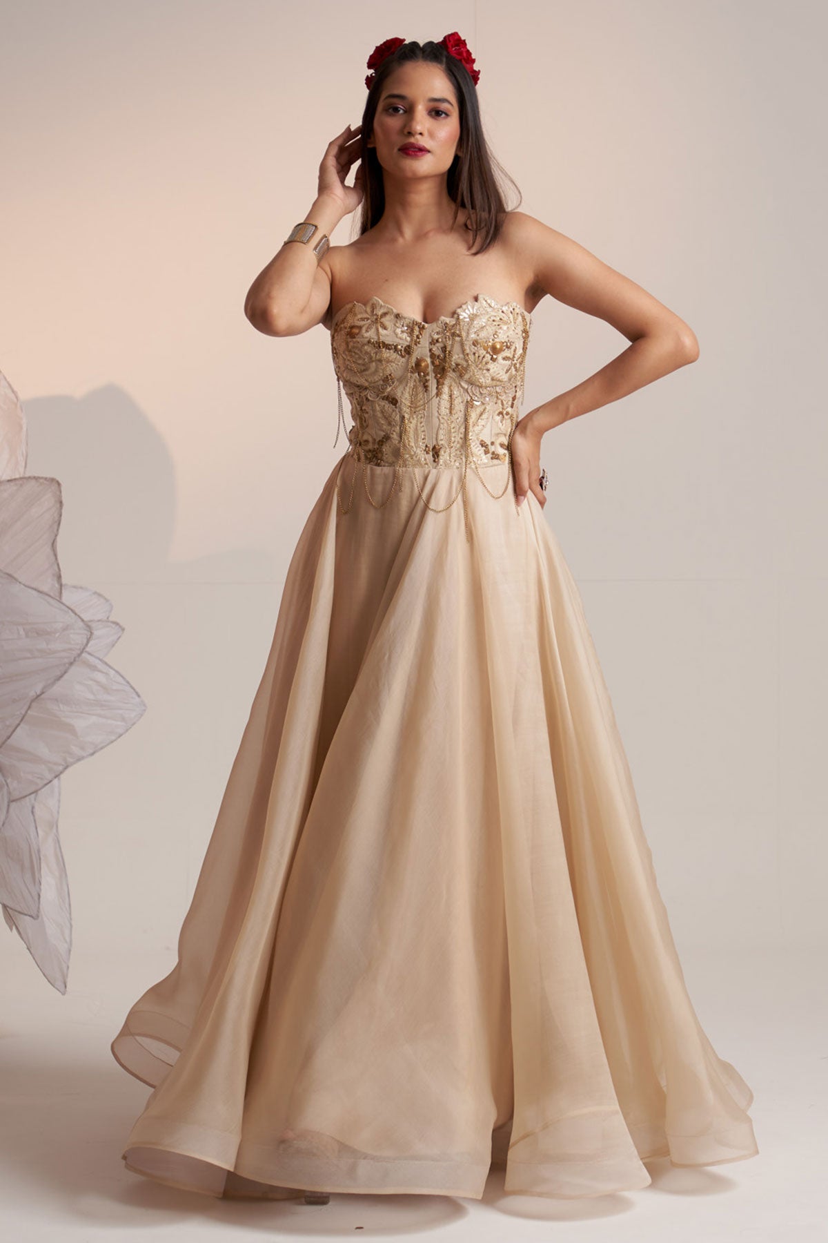 Indian Ivory Embroidered Dupion Silk Corset Maxi Dress (1-Pc) - Image 4