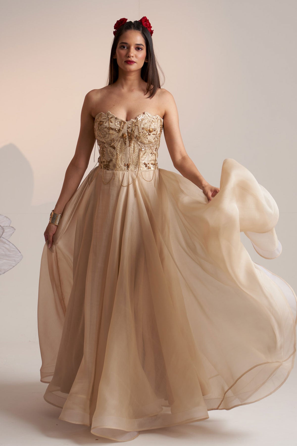 Indian Ivory Embroidered Dupion Silk Corset Maxi Dress (1-Pc) - Image 5