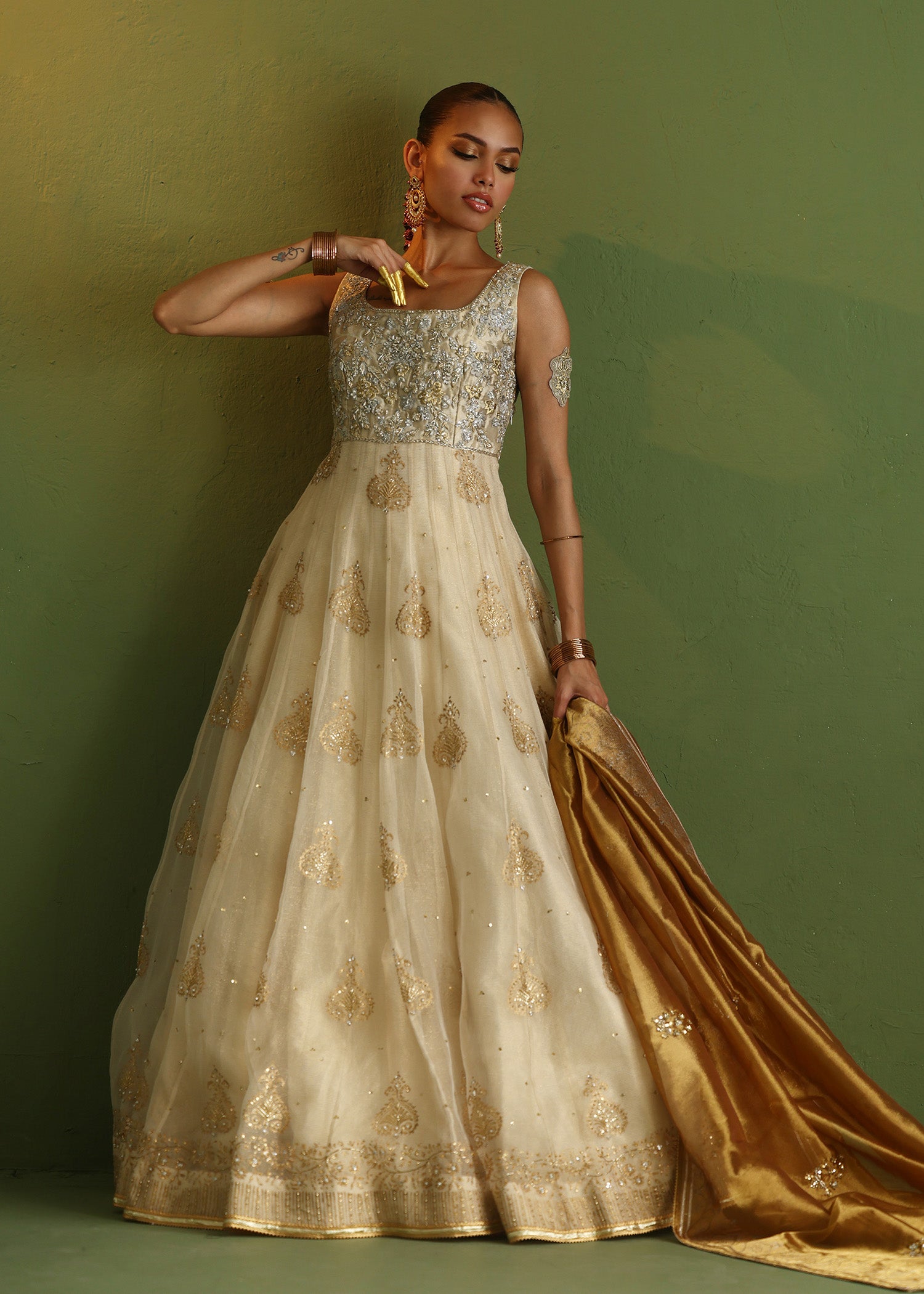 Off-White Embroidered Pure French Lama Gown (2-Piece) - Image 1