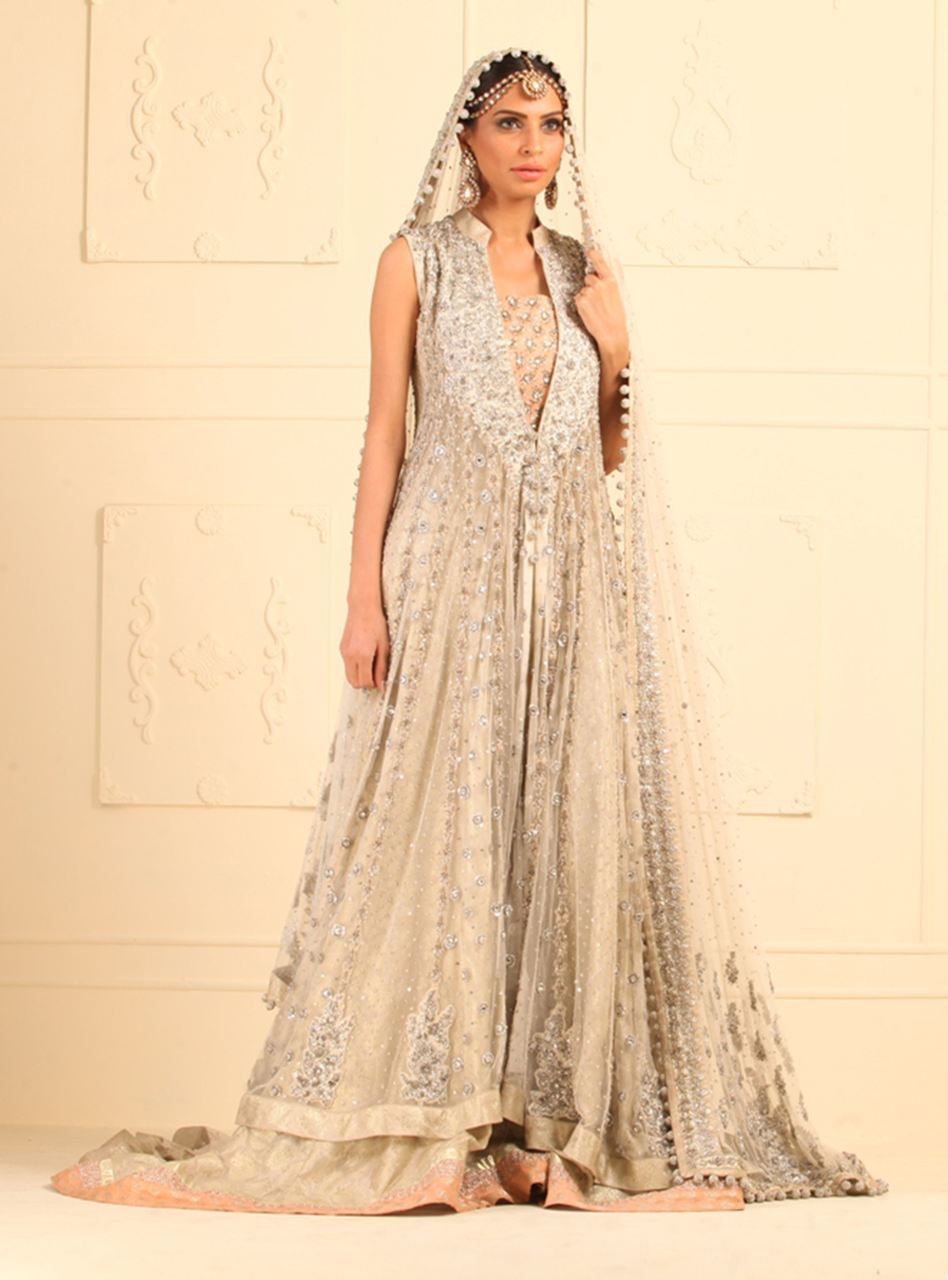 Pakistani Ivory Crystal Net Jacket with Jamawar Gown (3-Piece) - Image 1