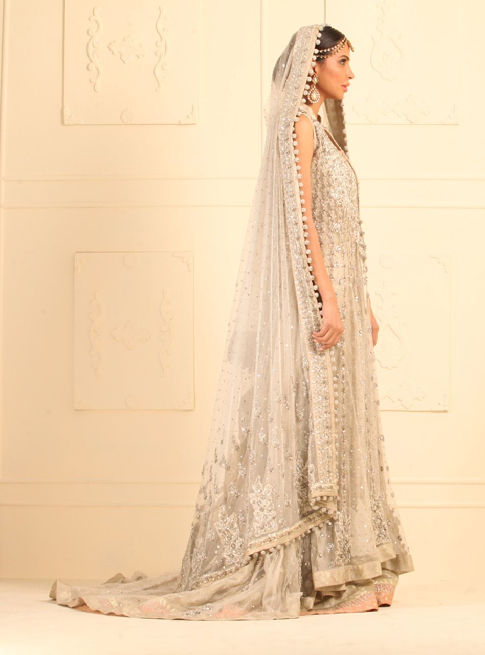 Pakistani Ivory Crystal Net Jacket with Jamawar Gown (3-Piece) - Image 2