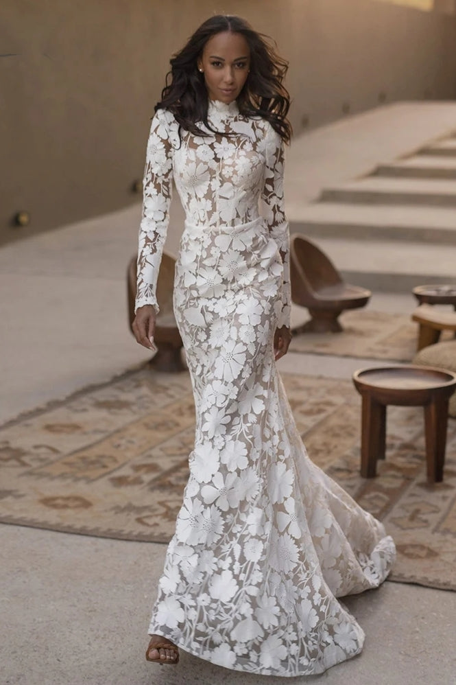 Pakistani Ivory Floral Lace Mermaid Wedding Gown (1-Pc) - Image 1