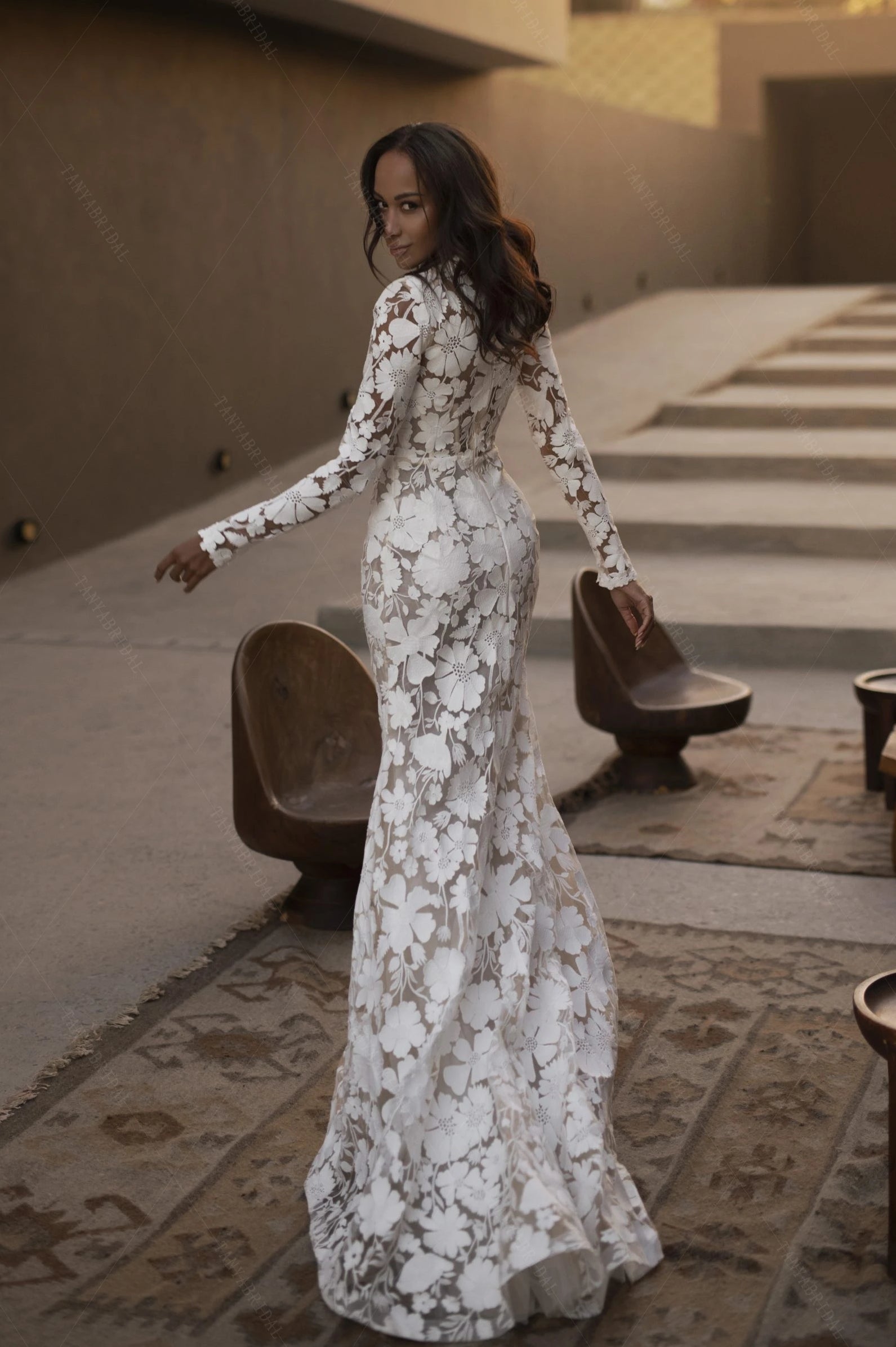 Pakistani Ivory Floral Lace Mermaid Wedding Gown (1-Pc) - Image 2