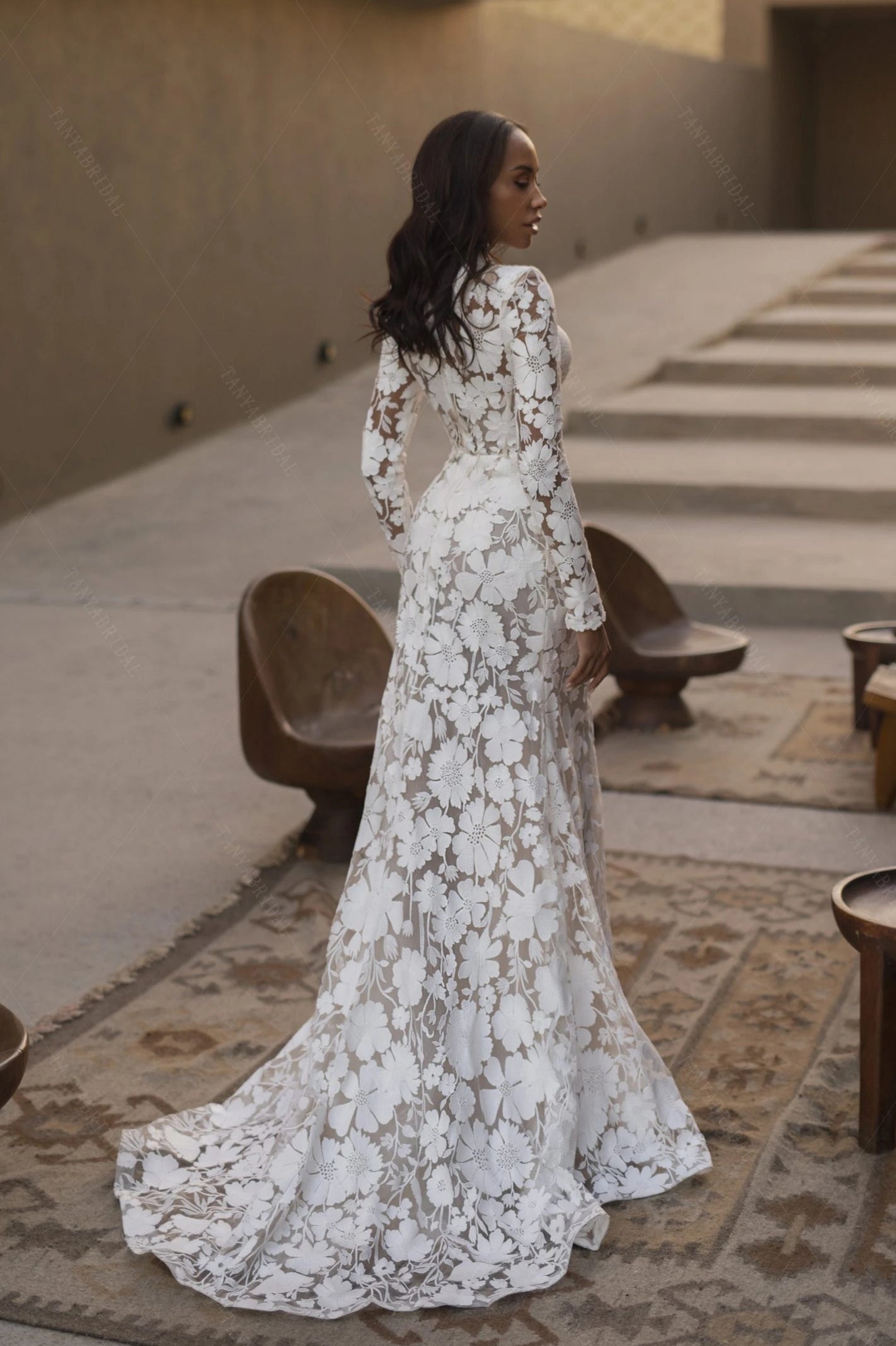 Pakistani Ivory Floral Lace Mermaid Wedding Gown (1-Pc) - Image 3