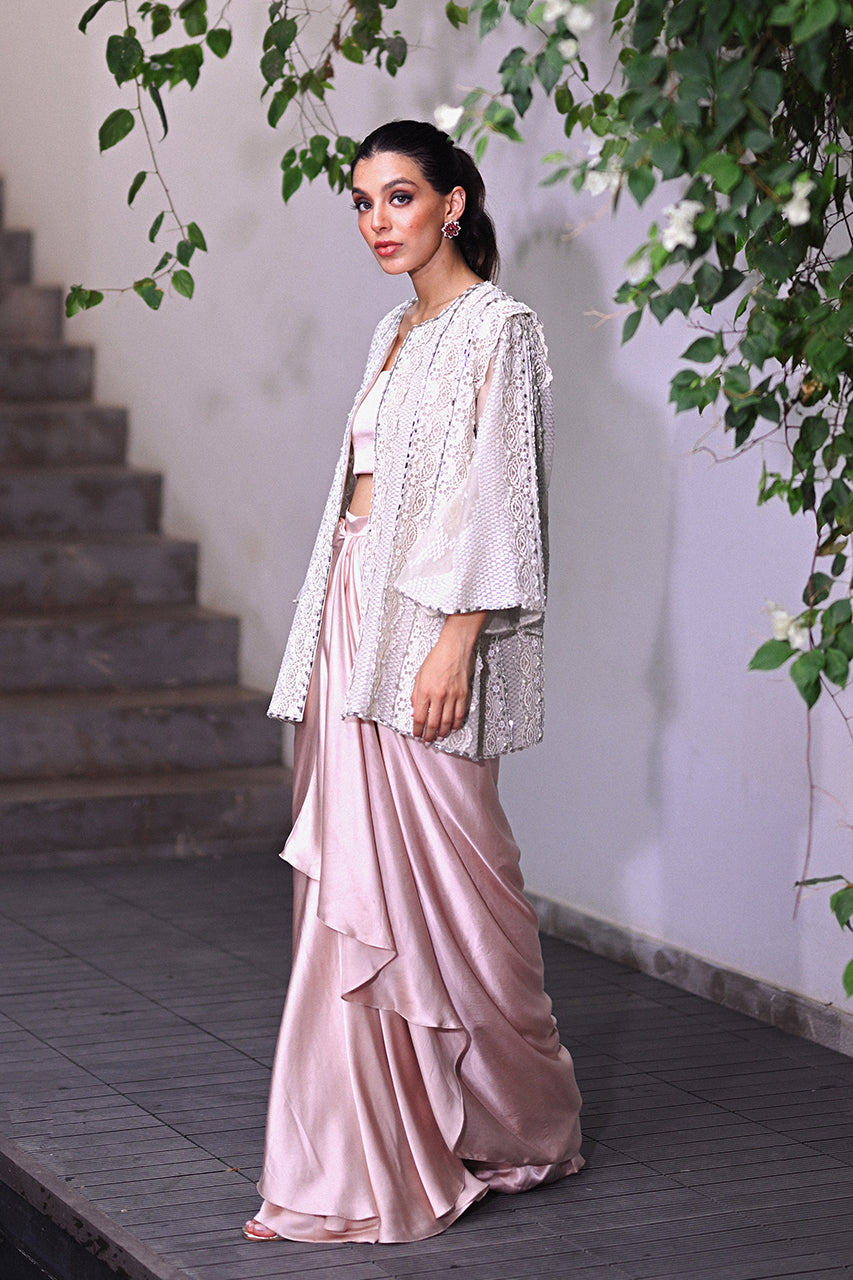 Pakistani Ivory Lace Embellished Charmeuse Gown (3-Piece) - Image 2