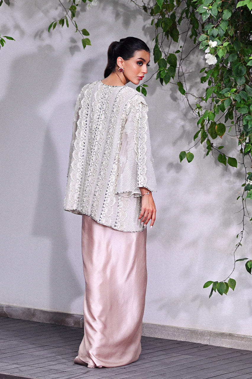 Pakistani Ivory Lace Embellished Charmeuse Gown (3-Piece) - Image 4